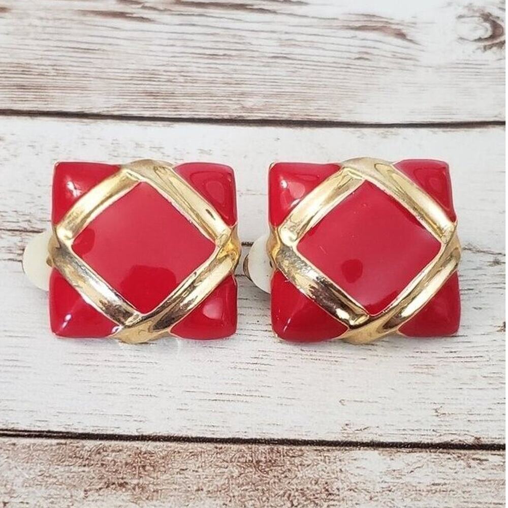 Vintage Clip On Earrings - Large Square Red Enamel & Gold Tone Statement 1"